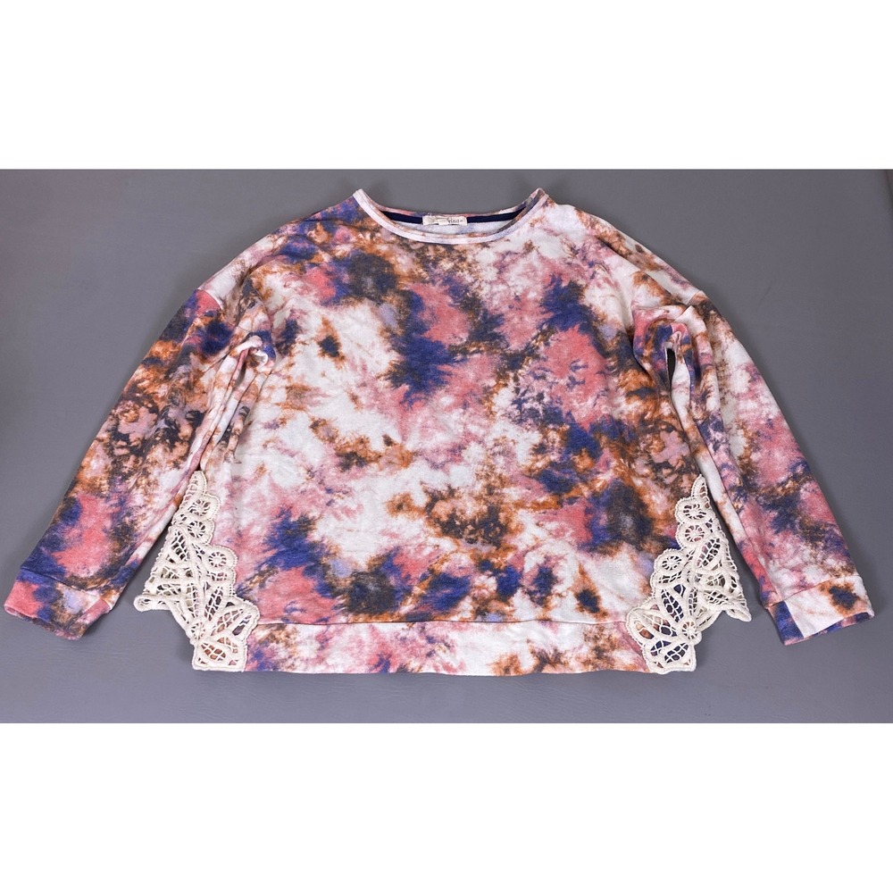 Rewind Sweatshirt Top Women's Plus 1X Tie Dye Pink Blue Crochet Lace Side Insets